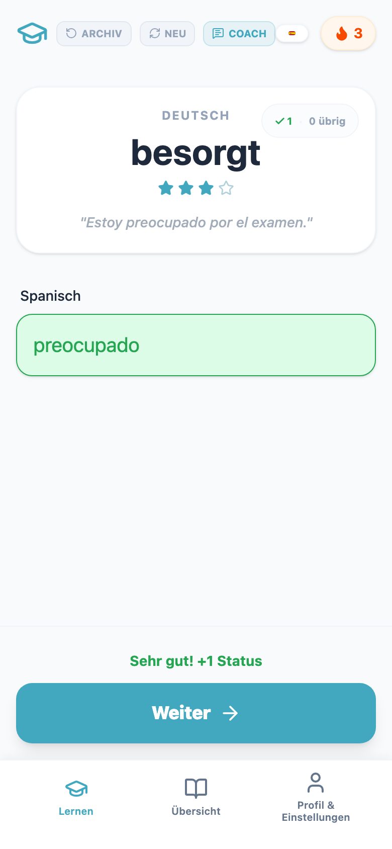 Vokabro auf dem Handy: richtige Antwort beim Abfragen