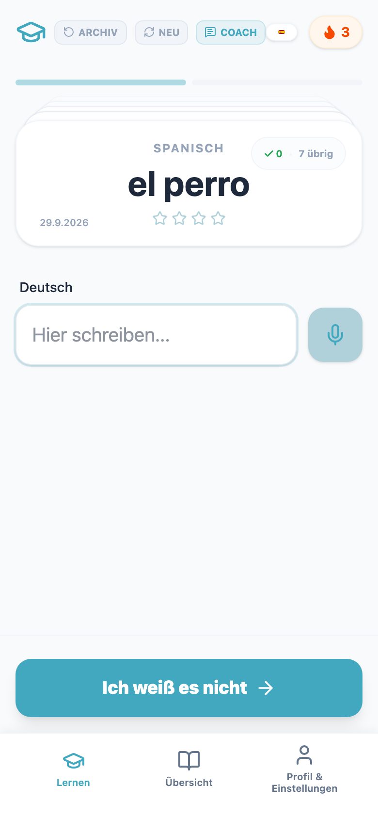 Karteikarte beim Abfragen in Vokabro